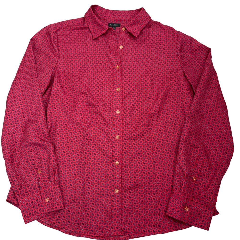 Talbots Womens Red Geometric Medallion Print Button Down Shirt Blouse Size 10